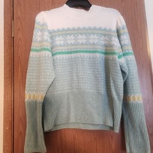SoftJ Crew Sweater Green Cream Fair Isle Puff Sleeve Wool Alpaca Sweater Size